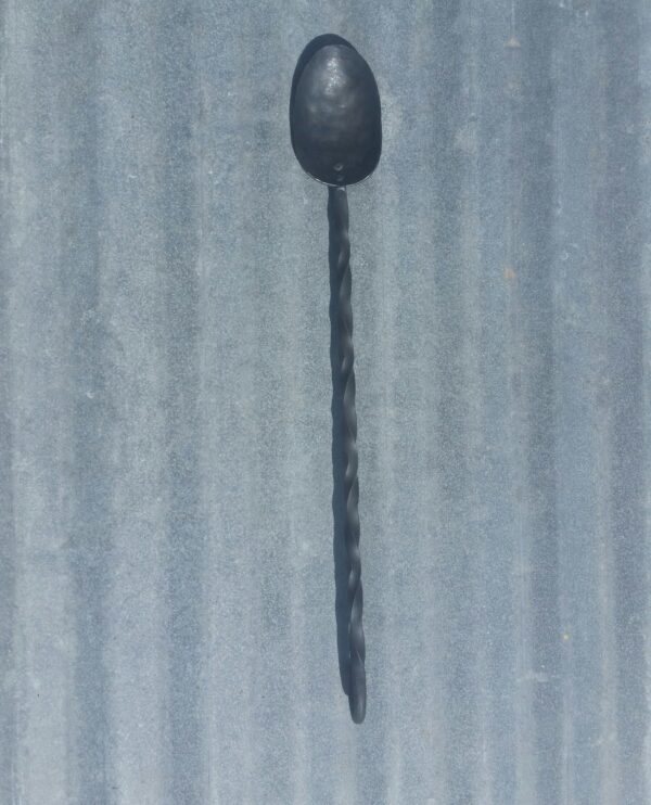 Handmade steel BBQ spoon with twist design and hook for hanging
